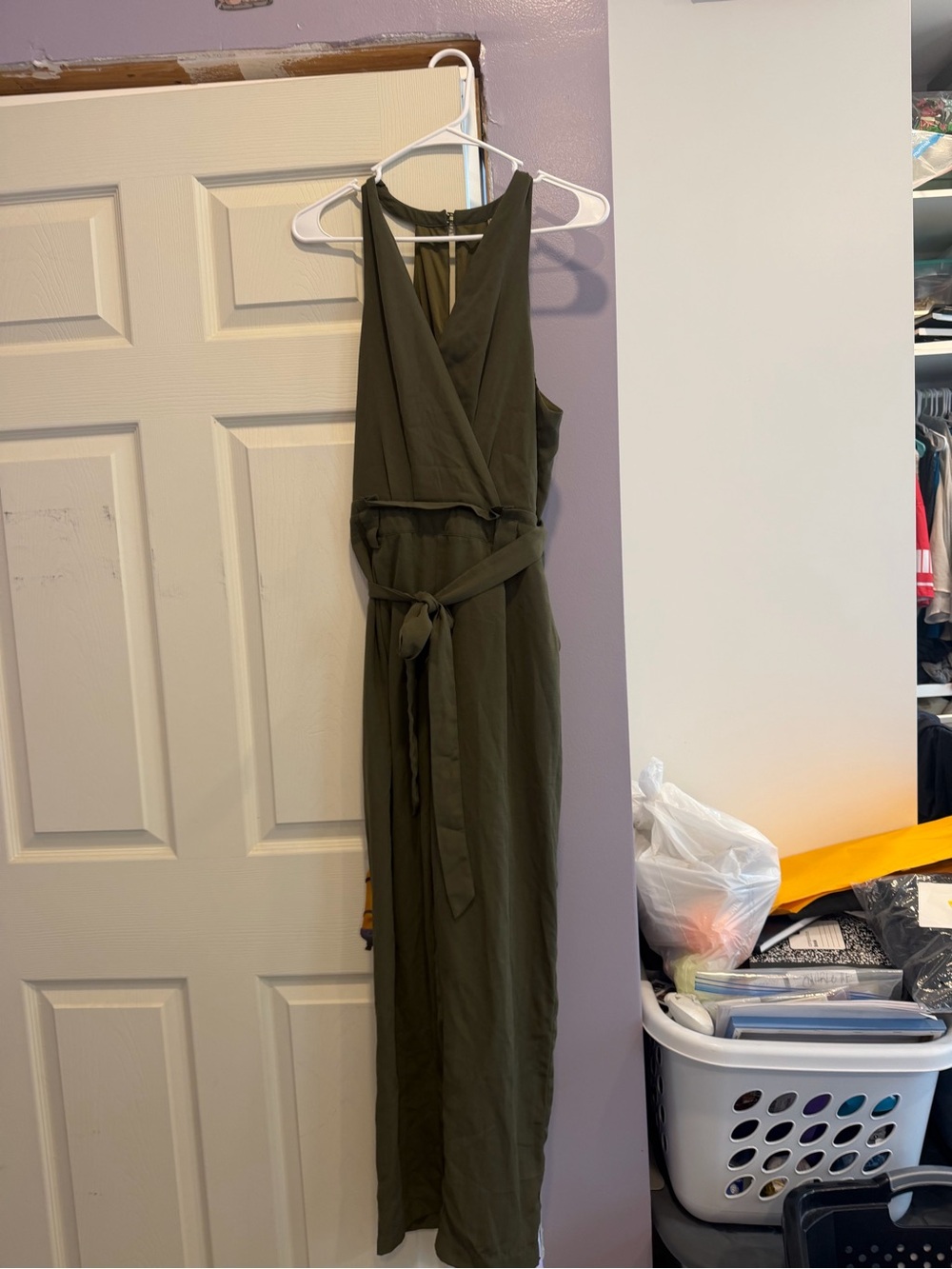 Lulu’s Olive Green Sleeveless Wrap Jumpsuit with Waist Tie